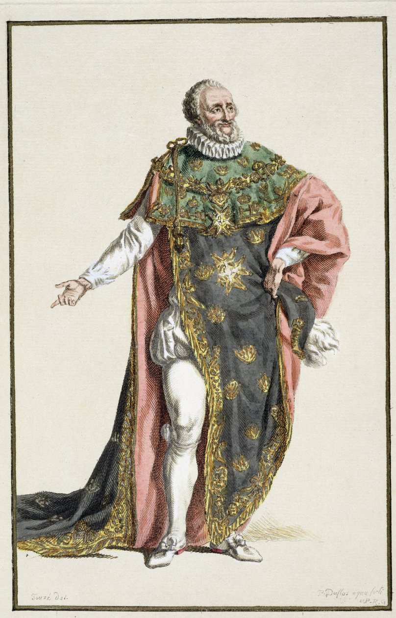 アンリ4世（1553-1610）フランス国王、現存するすべての国のコスチュームに続く、ランクとディグナイトを表す、レキュイユデエスタンプ出身で、1780年に出版されました（手塗りの彫刻） 作： ピエール・デュフロス