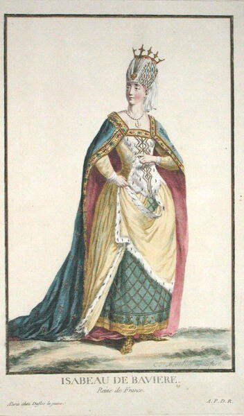 バイエルン王妃イザベル（1371-1435）、1780年出版の「Receuil des Estampes, representant les Rangs and les Dignites, suivant le Costume de toutes existantes」より（手彩色の彫刻）。 作： ピエール・デュフロス