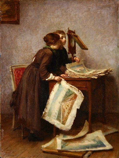 版画を見る子供たち」1870年頃（パネルに油彩 作： ピエール・エドゥアール・フレール