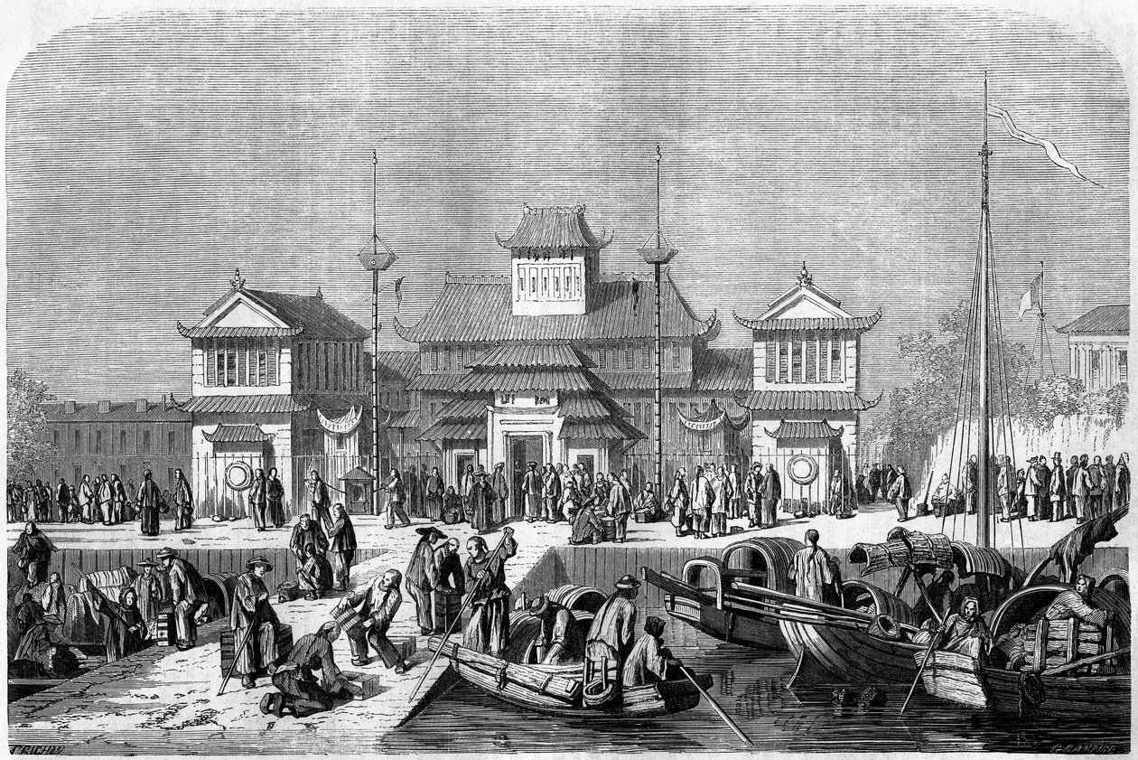 1860年、中国・上海の港の税関風景。エドゥアール・シャルトン編『Le Tour du Monde, Nouveau journal des Voyages』（パリ）に掲載されたグランジールの版画。 作： ピエールユージングランセール