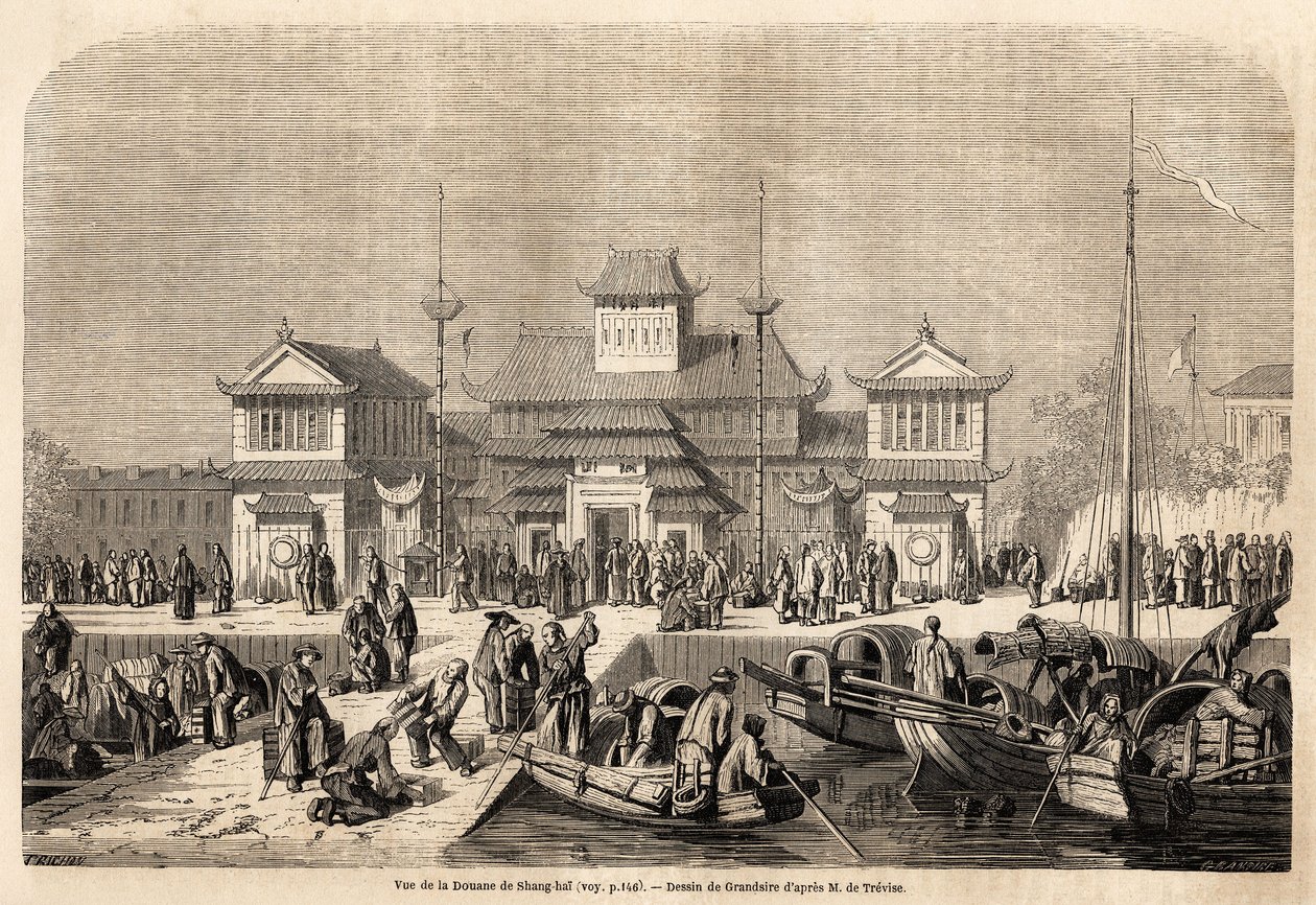 1857年から1858年にかけてのモゲス侯爵の中国と日本への航海を説明するためにグランジールが描いた上海税関ビル。パリの "Le tour du monde, nouveau journal des voyages "に掲載された版画 作： ピエールユージングランセール
