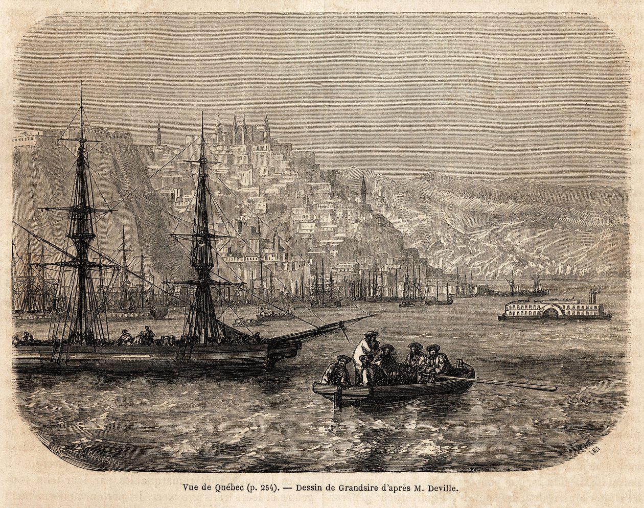 1854-1855年の北アメリカへの航海を説明するために、L.デヴィルが描いたグランジールによるケベックの眺め。1861年の "Le tour du monde "に掲載されたエングレーヴィング。セルバのコレクション。 作： ピエールユージングランセール