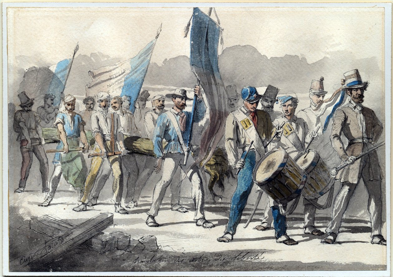 ""Planting of a Tree of Liberty in France in 1848"" (The Planting of a Tree of Liberty in France in 1848"" (The Planting of a Tree of Liberty in France on 1848) ピエール・ウジェーヌ・ラコステ作水彩画 (1818-1908) 1848 Dim 24x34 cm 個人蔵 作： ピエール・ウジェーン・ラコステ