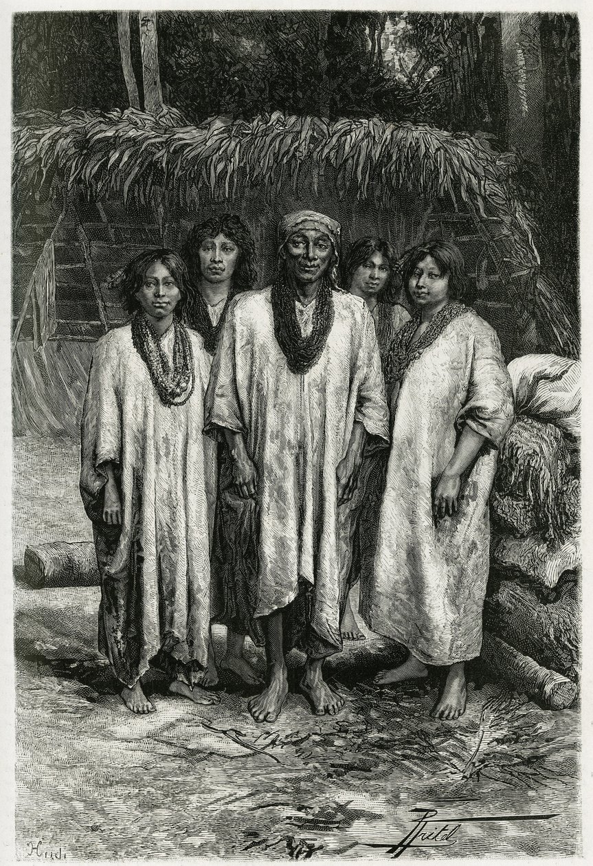 チアパス（メキシコ）のジャングルに住むマヤの人々、ラカンドン族の酋長とラカンドン族の種類。考古学者であり写真家でもあるDesire Charnay（1828-1915）が1882年に発表した「ユカタンとラカンドンの地への旅」を説明するためのP.Fritelによるエングレーヴィング。 作： ピエール・フリテル