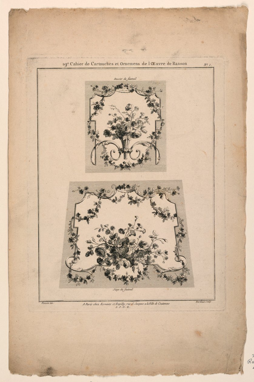 タペストリーチェアシートのデザイン、「Caier de Cartouches et Ornemens de l