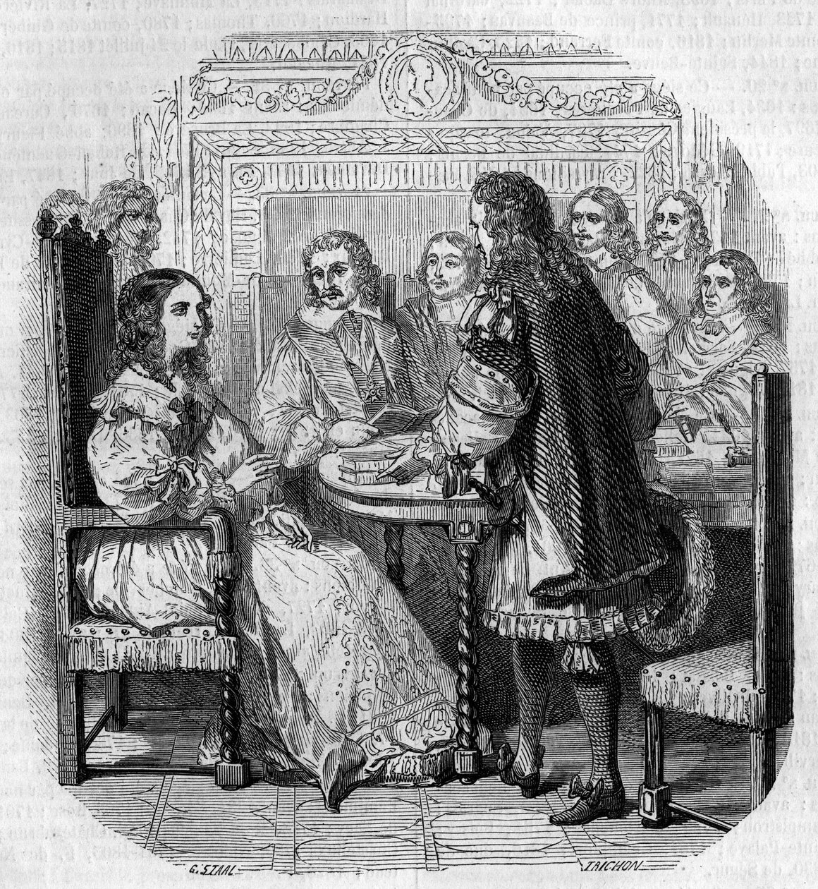 リシュリュー枢機卿が見守る中、クリスティーヌ王妃（1626-1689）がパリのアカデミー・フランセーズを訪れた際の写真。 作： ピエール・ギュスターヴ・ユージン・スタール