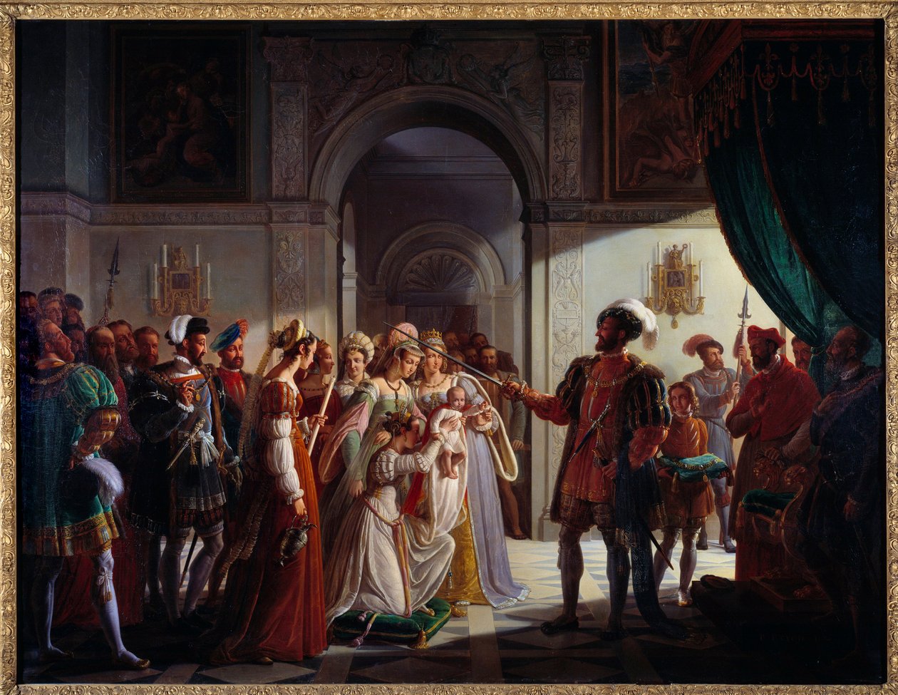 Francois I. (1494-1547) bewaffneter Ritter mit seinem Enkel Francois II. (1544-1560). Der junge Prinz wird von seinen Eltern Heinrich II. (1519-1559) und Katharina von Medici (1519-1589) begleitet. von Pierre Henri Revoil