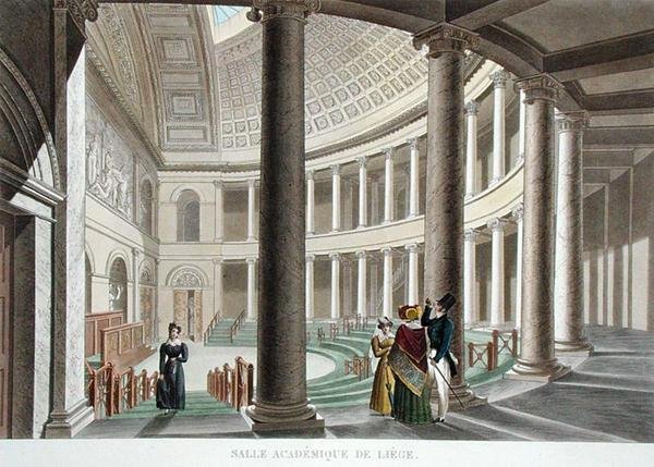 リエージュのアカデミーの内部、ピエール・ジャック・ゲッヘッビュール作「Choix des Monuments, Edifices et Maisons les plus remarquables du Royaume des Pays-Bas」より、J.N.シェブロンが彫刻、1827年発行（アクアチント）。 作： Pierre Jacques（後）Goetghebuer