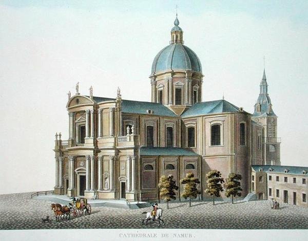 ナミュールの大聖堂、ピエール・ジャック・ゲッヘッビュール作「Choix des Monuments, Edifices et Maisons les plus remarquables du Royaume des Pays-Bas」（1827年発行）より（アクアチント）。 作： ピエール・ジャック・ゲブエル