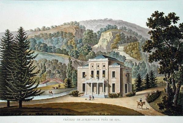 スパ近郊のジュスレンヴィル城、ピエール・ジャック・ゴエッヘビュールの「Choix des Monuments, Edifices et Maisons les plus remarquables du Royaume des Pays-Bas」（1827年発行）より（アクアチント）。 作： ピエール・ジャック・ゲブエル