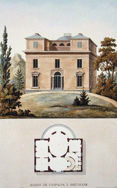ベルギー、オスタッカーのカントリーハウス（Pierre Jacques Goetghebuer著「Choix des Monuments, Edifices et Maisons les plus remarquables du Royaume des Pays-Bas」1827年発行より）（アクアチント 作： ピエール・ジャック・ゲブエル