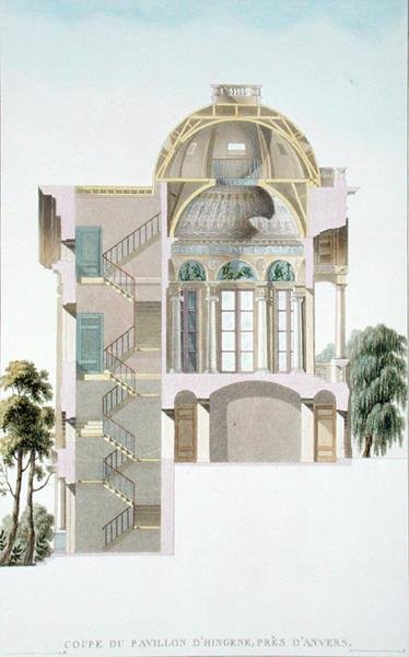 アンヴェール近郊のヒンゲン亭の断面図、ピエール・ジャック・ゴエッヘビュール著「Choix des Monuments, Edifices et Maisons les plus remarquables du Royaume des Pays-Bas」（1827年発行）より（アクアチント）（186054も参照 作： ピエール・ジャック・ゲブエル