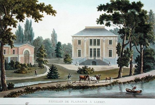 LaekenのPavillon de Plaisance、Pierre Jacques Goetghebuer著「Choix des Monuments, Edifices et Maisons les plus remarquables du Royaume des Pays-Bas」（1827年発行）より（アクアチント）。 作： ピエール・ジャック・ゲブエル