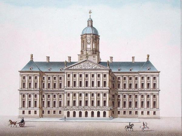 アムステルダムの王宮、ピエール・ジャック・ゲッヘッビュール作「Choix des Monuments, Edifices et Maisons les plus remarquables du Royaume des Pays-Bas」（1827年刊）より（アクアチント 作： ピエール・ジャック・ゲブエル