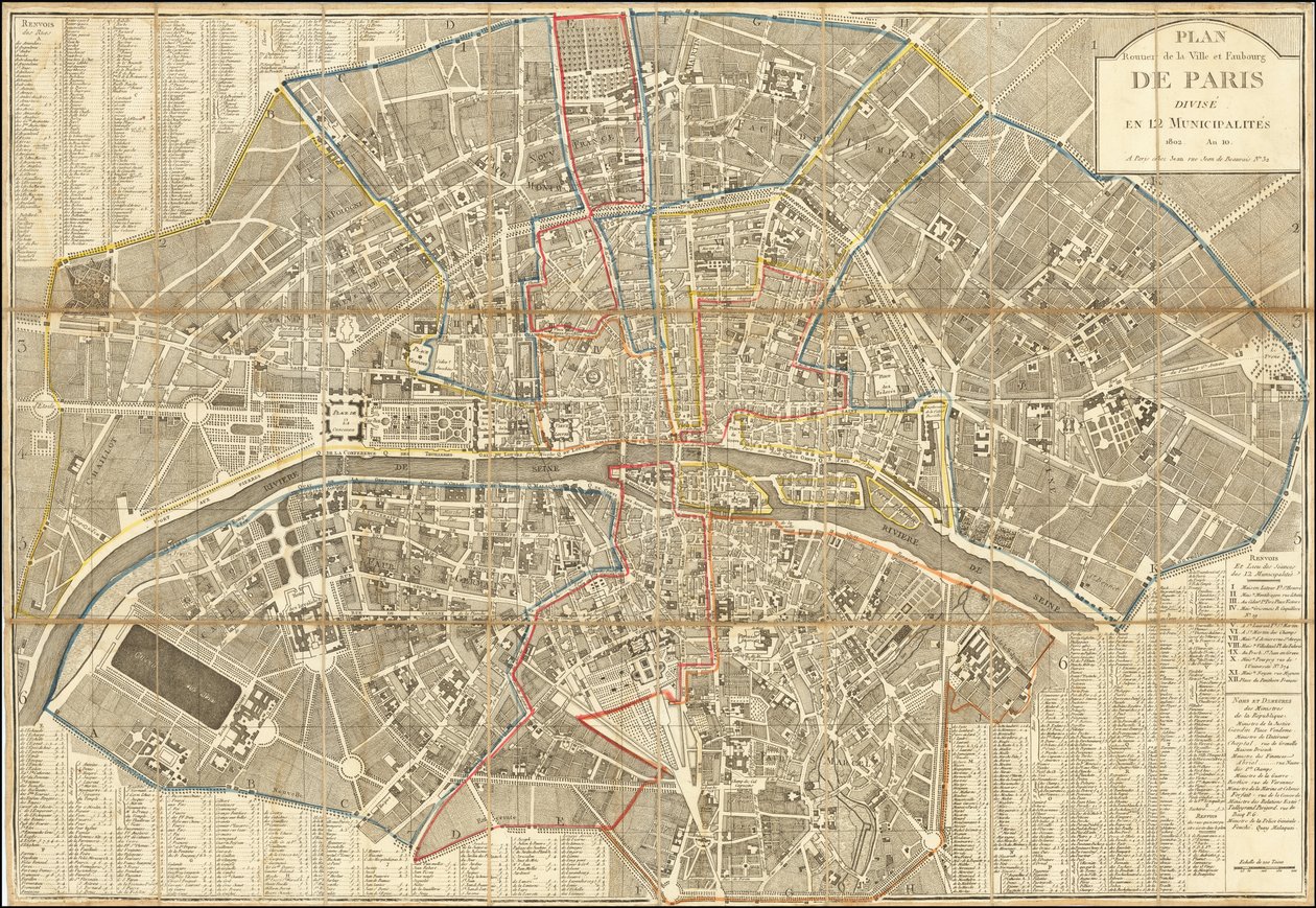 1802年地図 - パリ市街とフォーブルの12市町村分割図 作： ピエール・ジーン