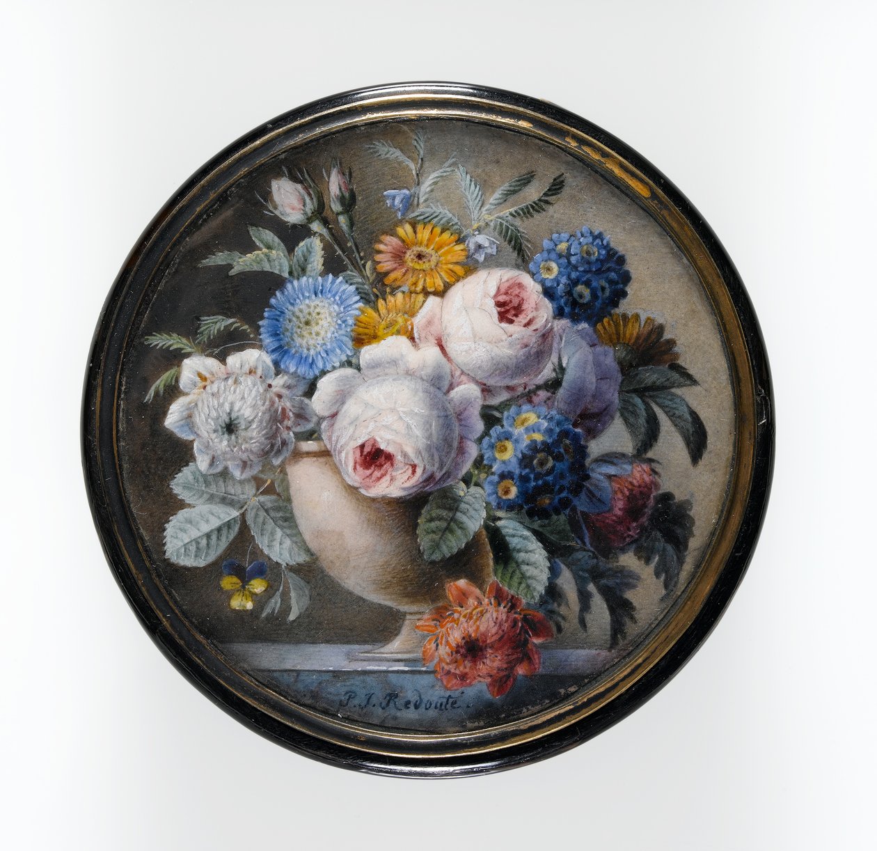 大理石のスラブの石の花瓶に花のミニチュアが入った亀の甲羅の箱、1827年（カードのトイレとボディカラー、金色の金属のマウントのガラスの下にセット） 作： ピエール・ジョゼフ・ルドゥーテ