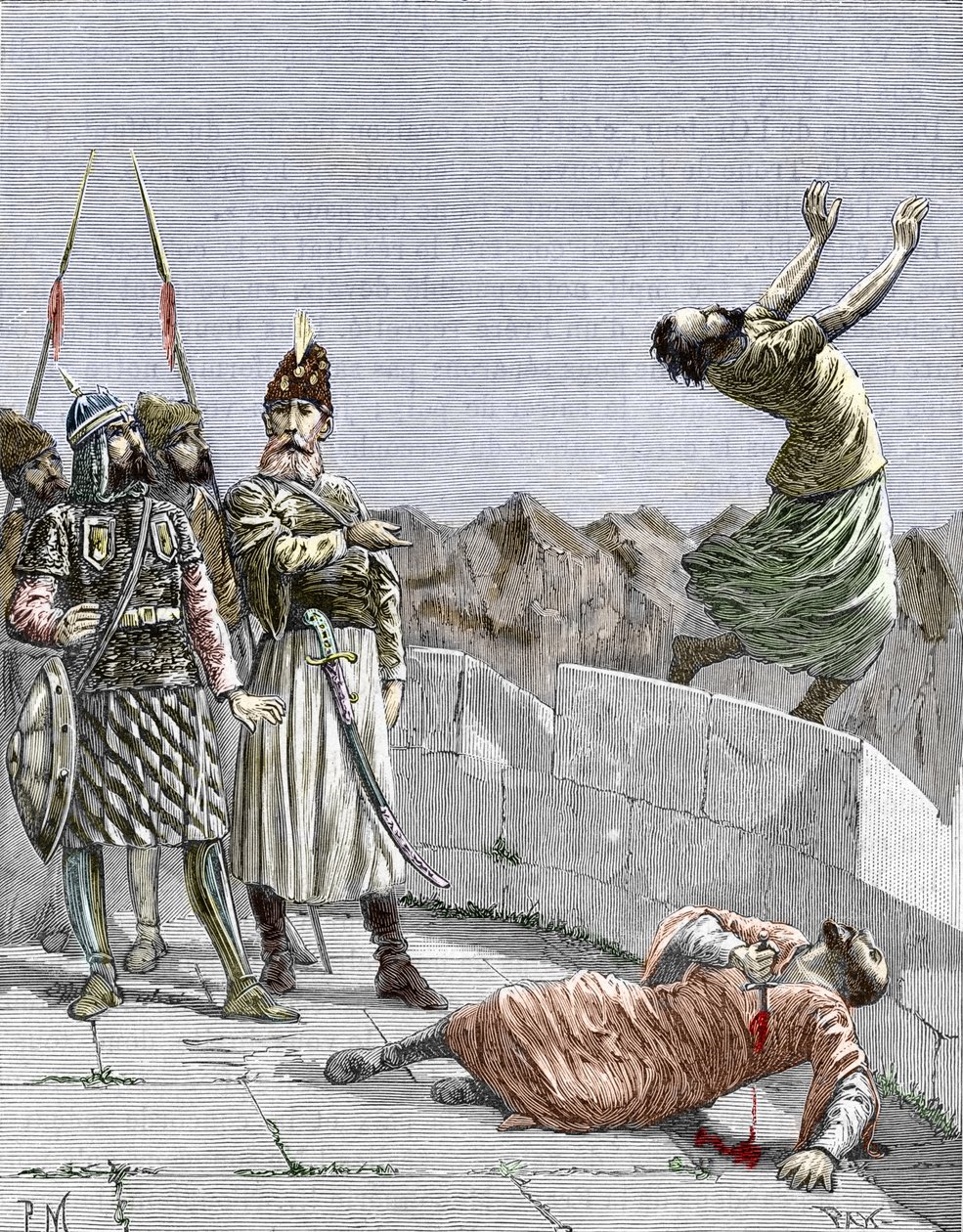 Ismailitische Sekte des Ostens oder Mörder, gegründet von Hassan ibn al-Sabbah (1036-1124), bekannt als der alte Mann vom Berg, befiehlt zwei seiner fanatischen Anhänger, sich selbst zu töten, Alamut, Persien, um 1096 von Pierre Mejanel