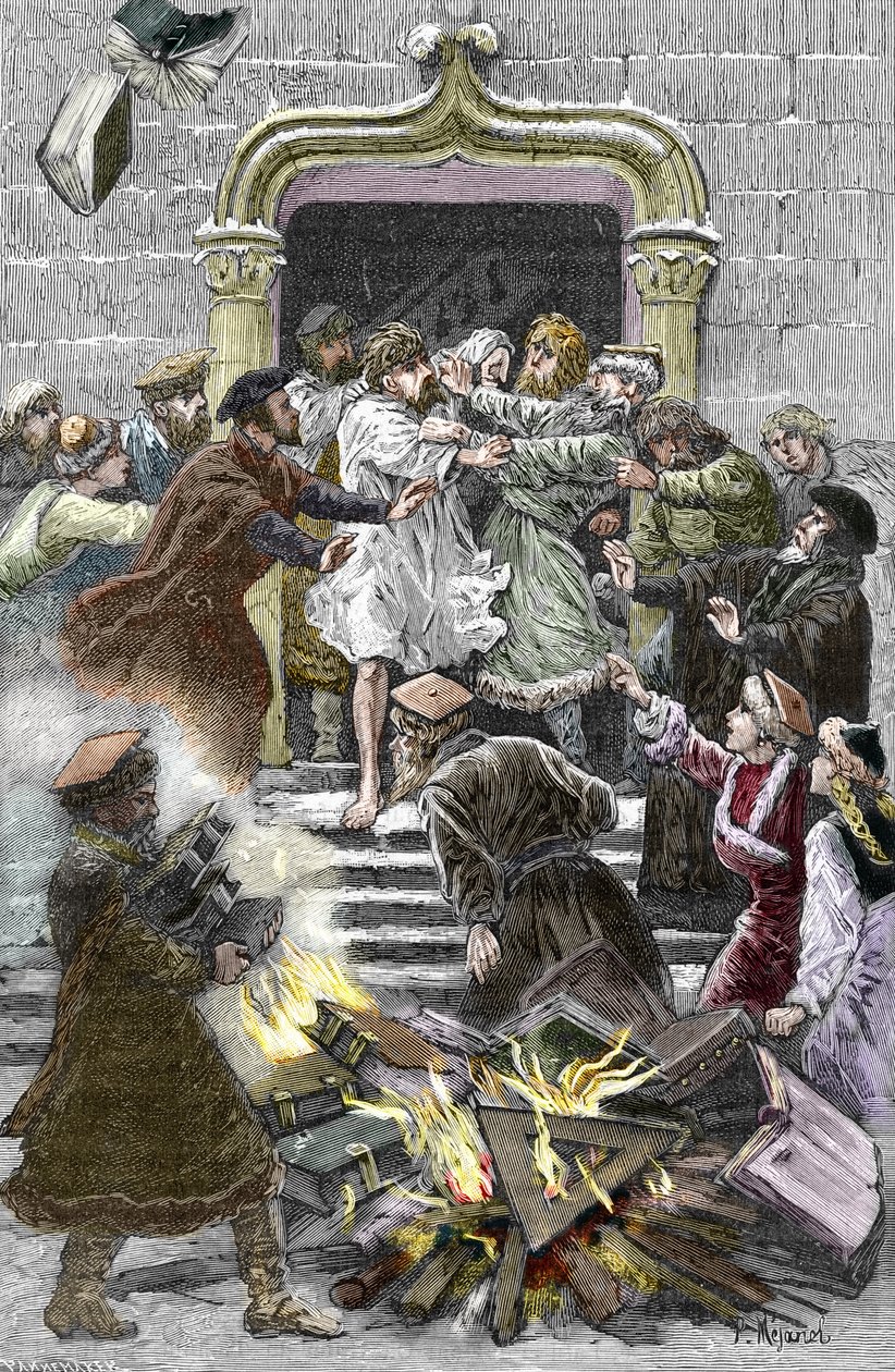Socinianismi ja pieni puolalainen kirkko: Krakovan asukkaat polttavat Faustus Socinuksen (Faust Socin tai Fausto Sozzini) (1539-1604) teoksia julkisella aukiolla pakottaen hänet osallistumaan autodafeen vuonna 1598 (sosiinilaisuus ja puolalaiset veljet: 作： ピエール・メジャネル