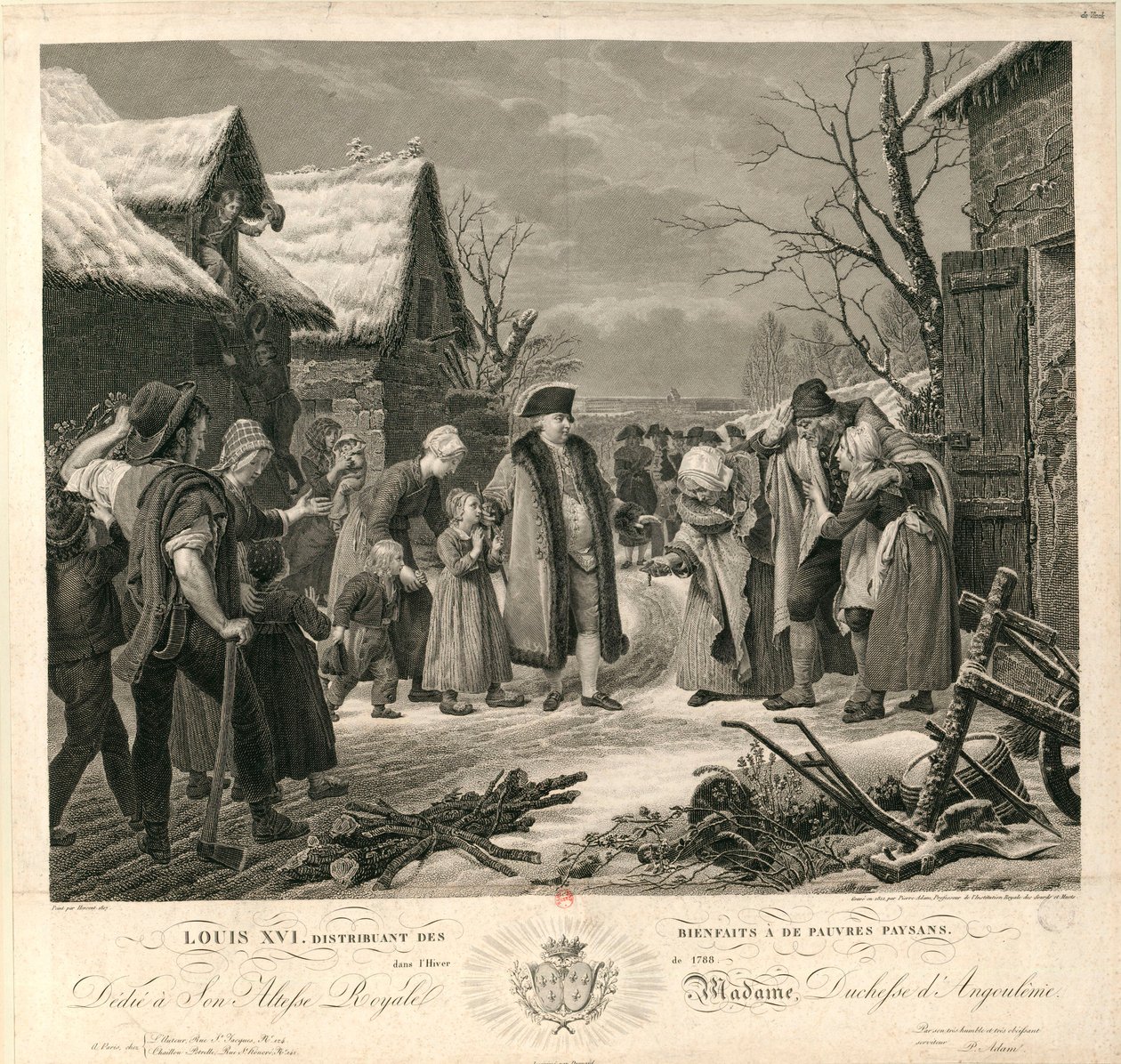1788年の冬に貧しい農民に施しを与えるルイ16世、1817年頃 作： ピエールミシェルアダム