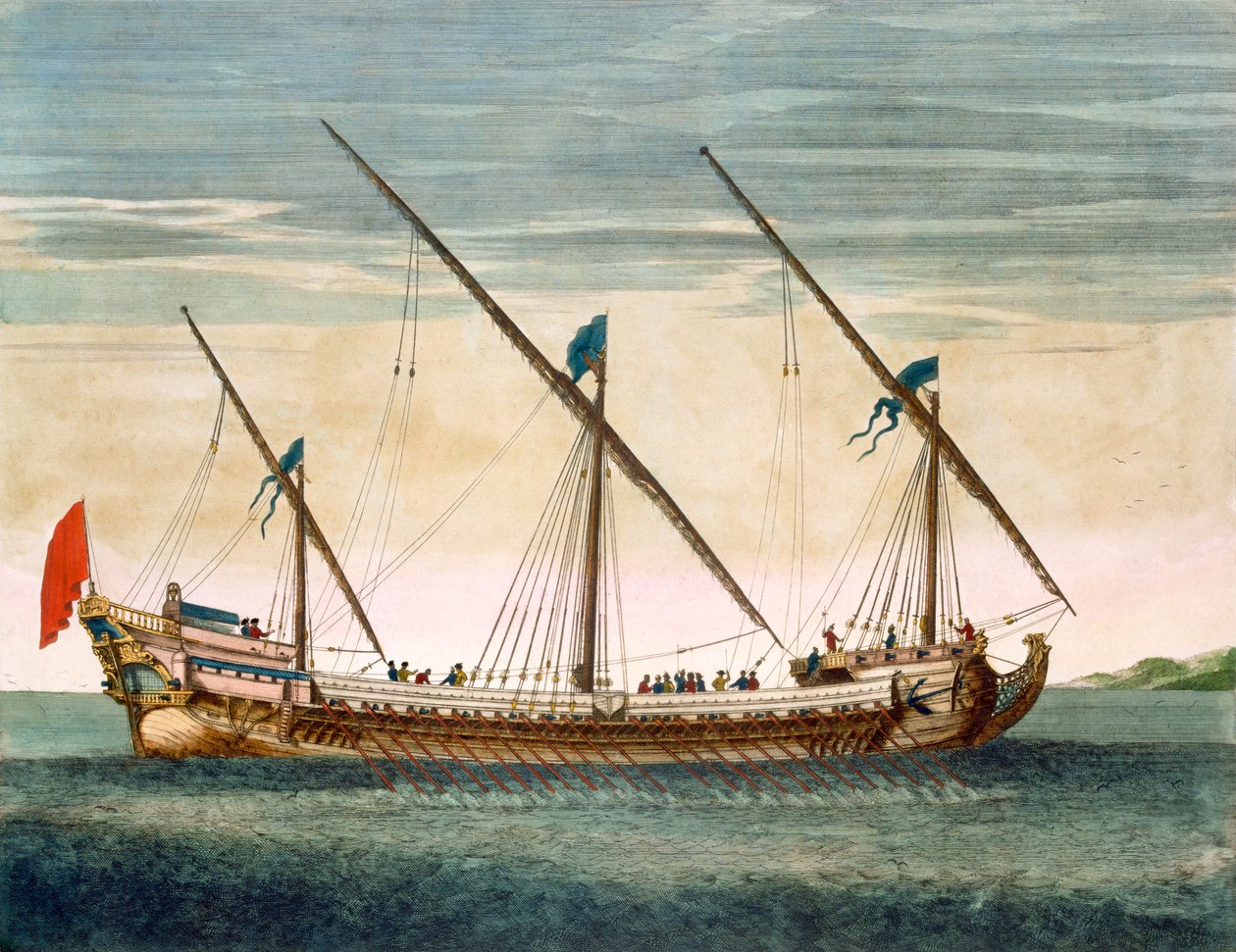ルナプチューンフランソワからのオールが進行中の3本マストのGalleass、c.1693-1700（手描きの彫刻） 作： ピエール・モルティエ