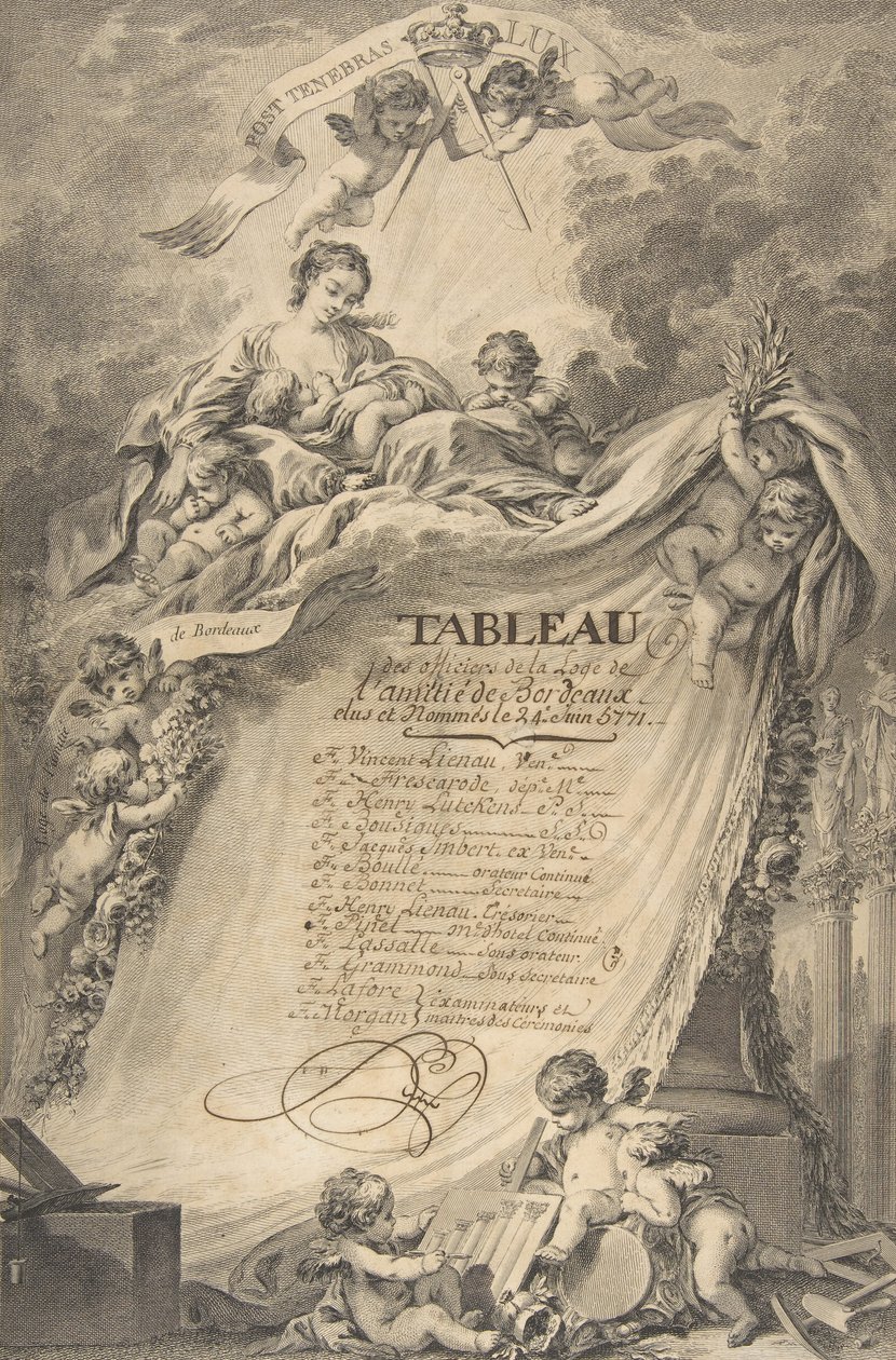 フランソワ・ブーシェにちなんで、ボルドーのフリーメーソンの卒業証書、1766年。 作： ピエールフィリップチョファード