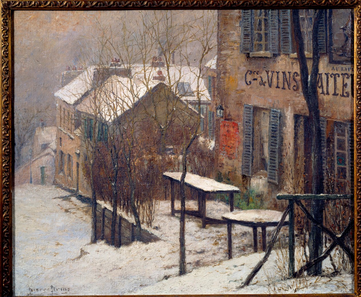1890 年、モンマルトルのラビット アジャイルのキャバレー。冬の雪の下でパリの景色。 ピエール・プランス (1838-1913) の絵画 作： ピエール・プラン
