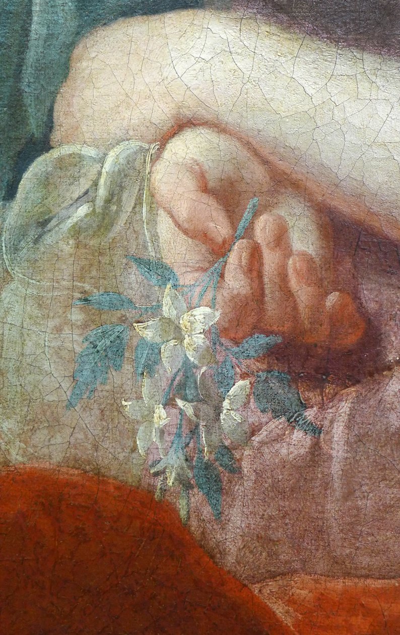 開花枝を持つ若い女性の手。 プルハリエックス夫人と娘の肖像画の詳細、1728年頃（キャンバスに油彩） 作： ピエール・サブレイラス
