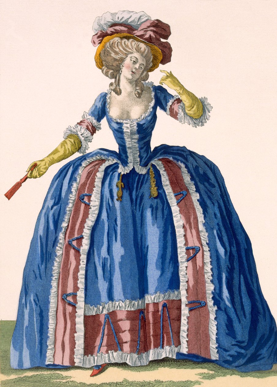 英国風のフープドレス、ブルゴーニュのフリルの縁取り、ブルーの刻印入り、「Galeries des Modes et Costumes Francais」のプレートno.182、c.1778-87 99：clothing; 作： ピエール・トーマス・ル・クラーク