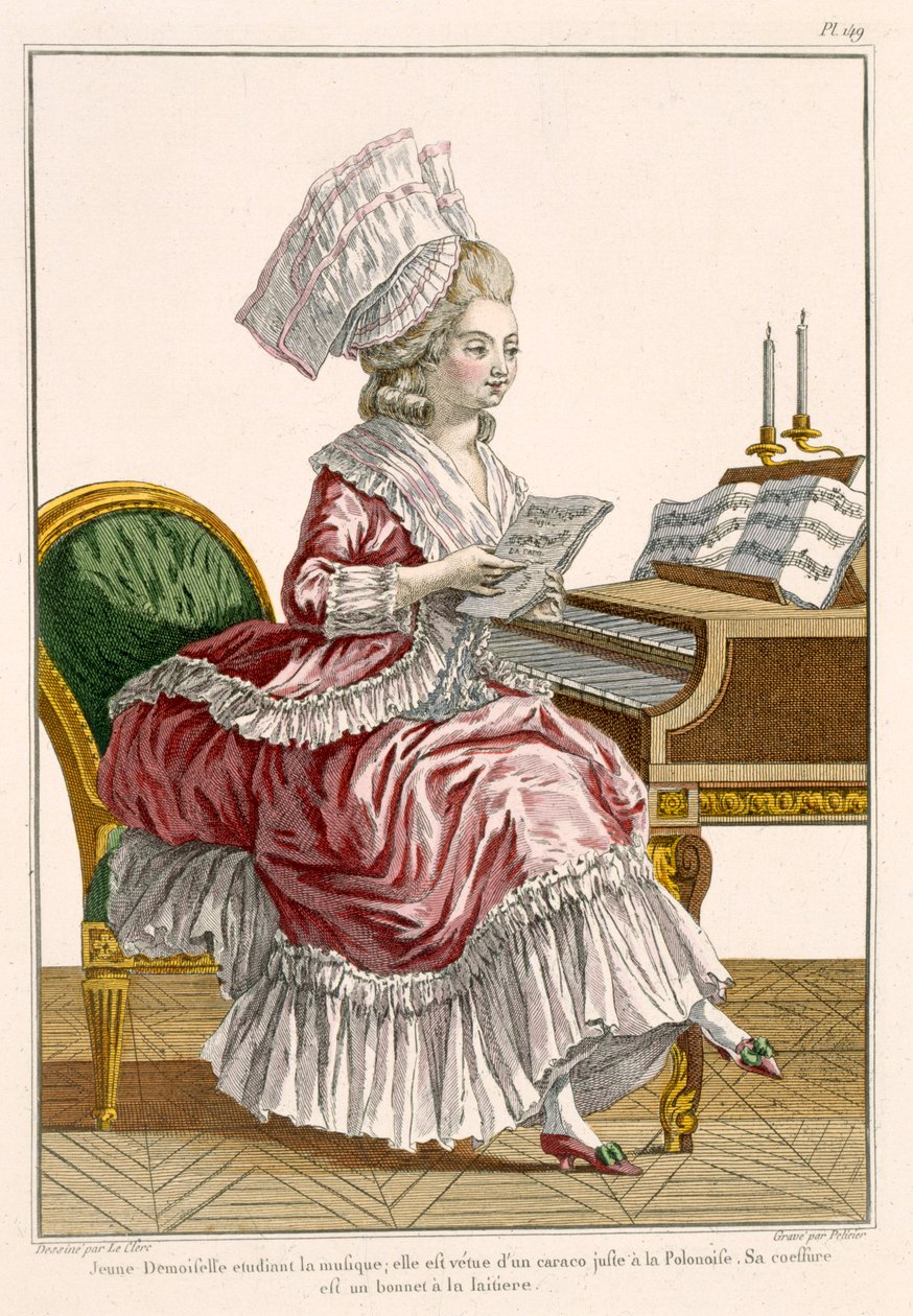 ハープシコードで音楽を学ぶ若い女性、プレート149「Galerie des Modes et Costumes Francais」、J。ペリシエ、1778年 作： ピエール・トーマス・ル・クラーク