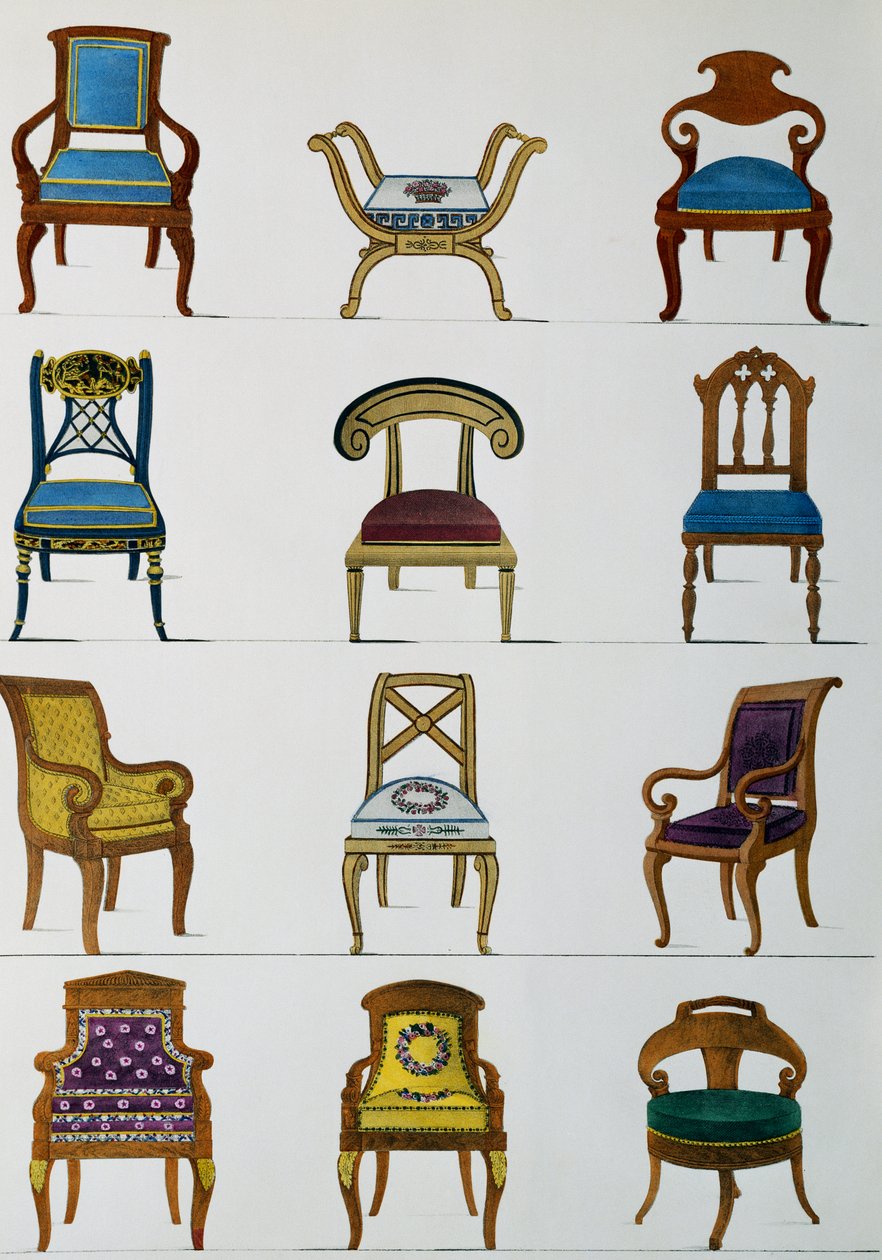 アームチェア、椅子、フットスツール 「Collection de meubles et objects de gout（家具と嗜好品のコレクション）」より抜粋 作： ピエール・ド・ラ・メザンゲレ
