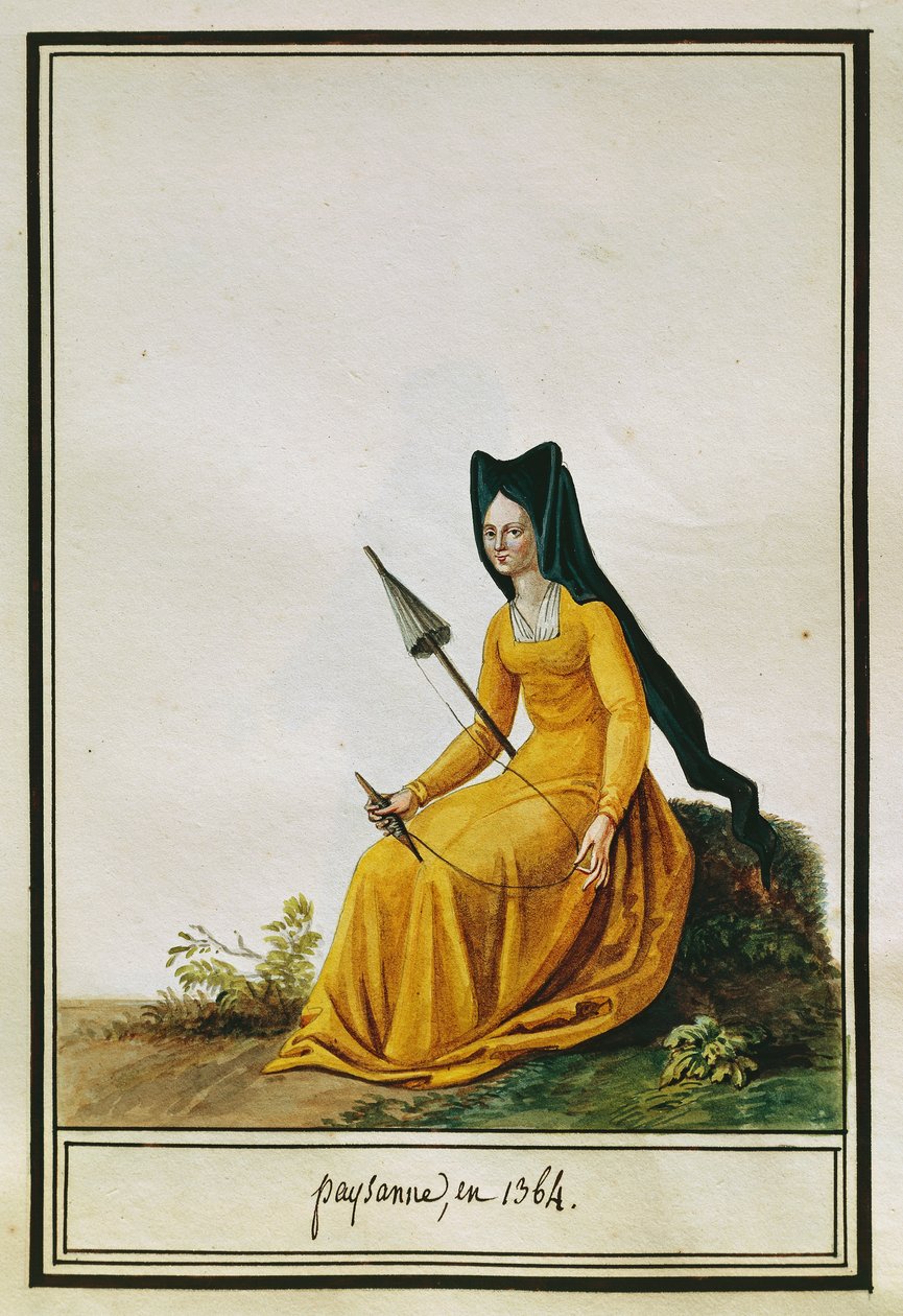 紡績をするフランス人女性農夫、Pierre Antoine Leboux de La Mesangere（1761-1831）作、水彩画 作： ピエール・ド・ラ・メザンゲレ