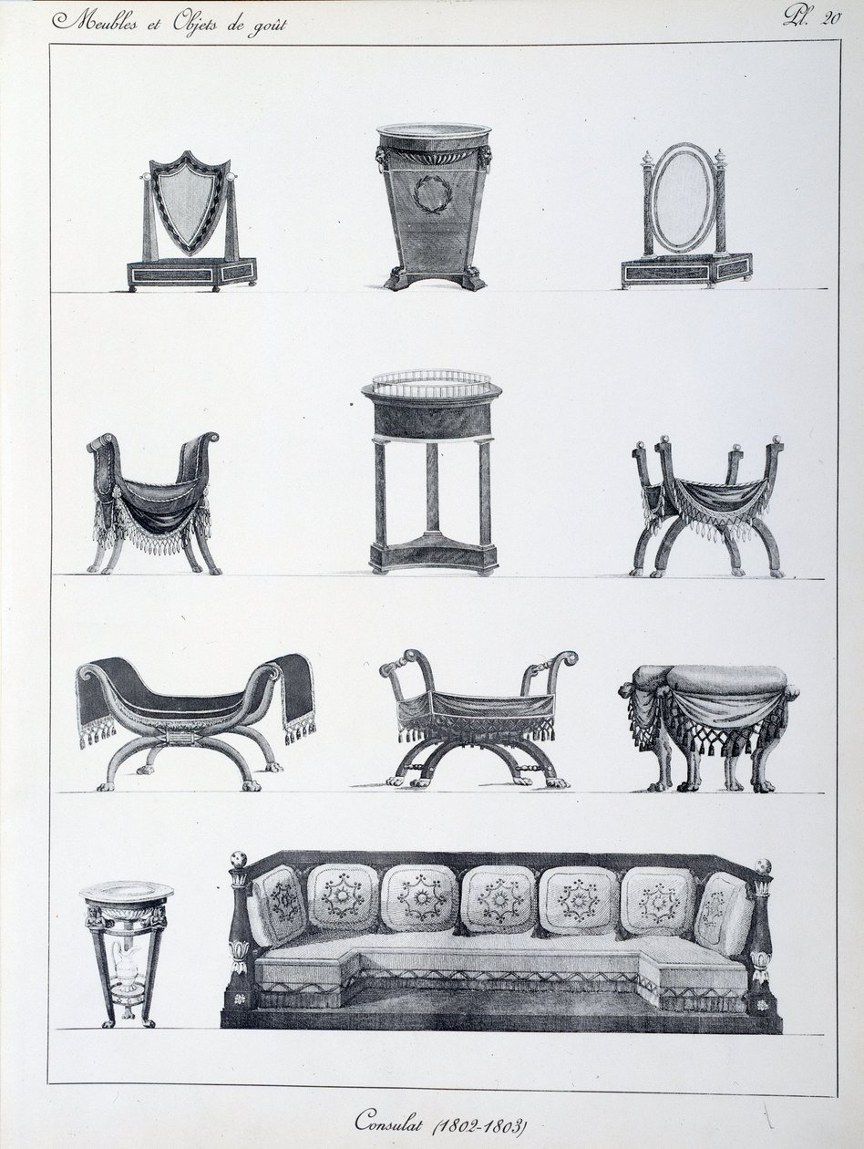 当時の領事館の家具（1802-1803年）。ピエール・ド・ラ・メサンジェー（1761-1831）のコレクション「Collection de mobilier et objets de taste」から抜粋したプレート。パリ装飾美術 作： ピエール・ド・ラ・メザンゲレ