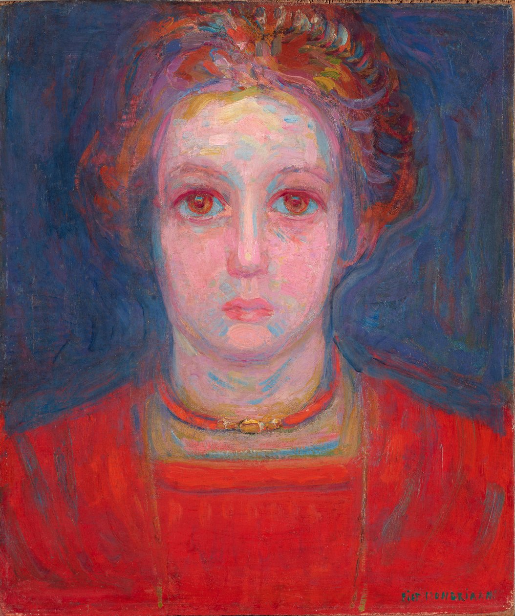 赤い服を着た少女の肖像、c.1908-09（パネルに取り付けられたキャンバスに油彩） 作： ピエト・モンドリアン