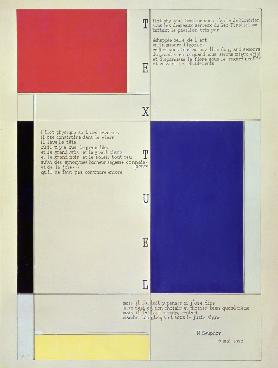 Tableau-Poeme、ミシェル・スーフォーのテキスト付き、1928（段ボールに鉛筆、ペン、インク、ガッシュ） 作： ピエト・モンドリアン