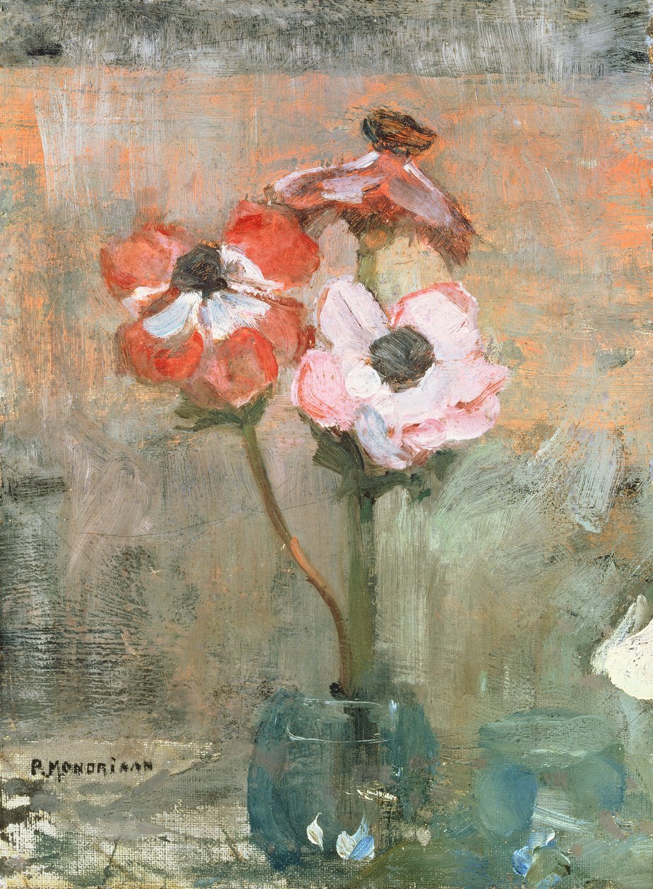 花瓶の中のアネモネ、c.1908-09（キャンバスに油彩） 作： ピエト・モンドリアン
