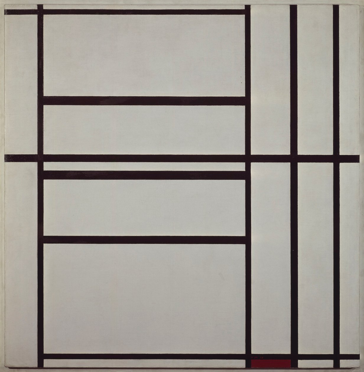 コンポジションNo.1 グレーとレッドを使った作品 1938-1939年（油彩・キャンバス・木の支持体にマウントされています。 作： ピエト・モンドリアン