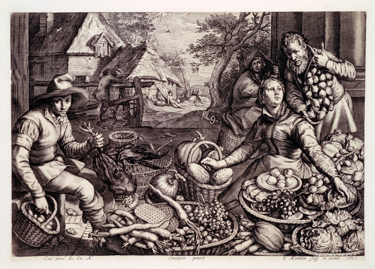 秋の農産物とゲーム、ジェイコブ・マサム作の版画、1603 作： ピーター・アルトセン