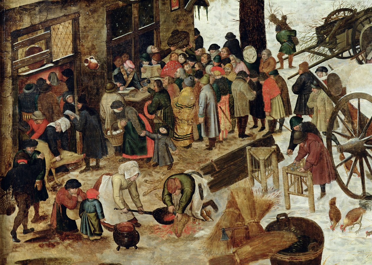 1566年以降の、什分の一の支払い、またはベツレヘムの国勢調査、詳細 作： ピーター・ブリューゲル・ザ・ヤング