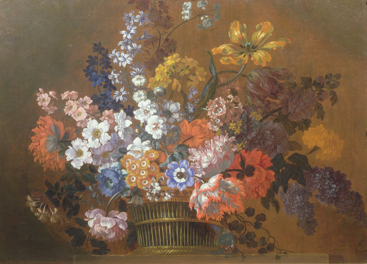 棚の上のバスケットの花の静物 作： ピーターカステル