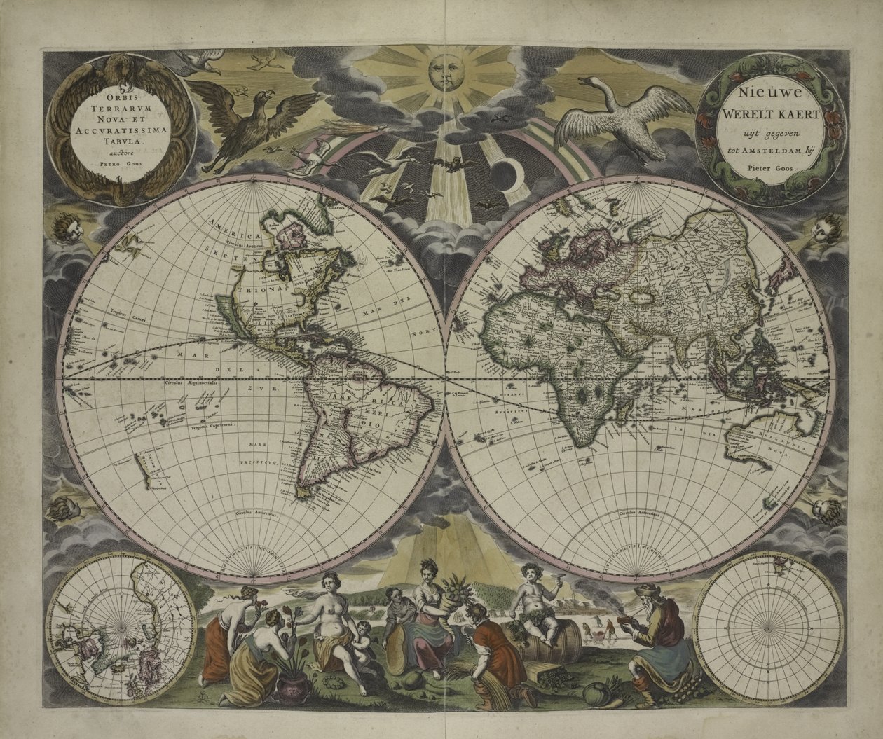 水の世界のグースのシーアトラスからの2つの半球の世界地図、1672年（手描きの彫刻） 作： ピーター・グース
