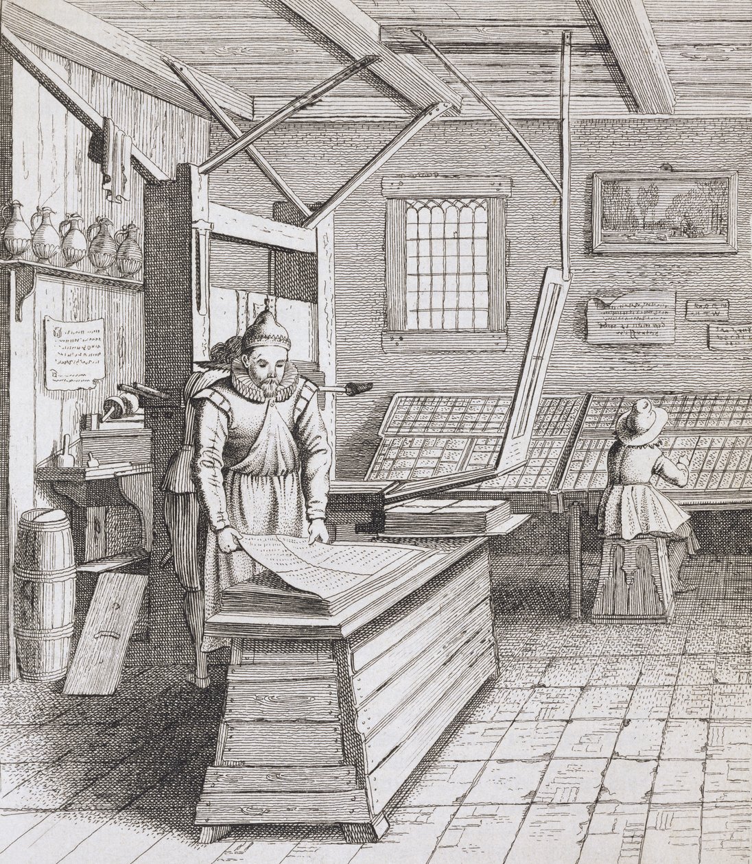 Die Buchbinderei von Laurens Janszoon Koster, graviert von J. van der Velde, veröffentlicht in 