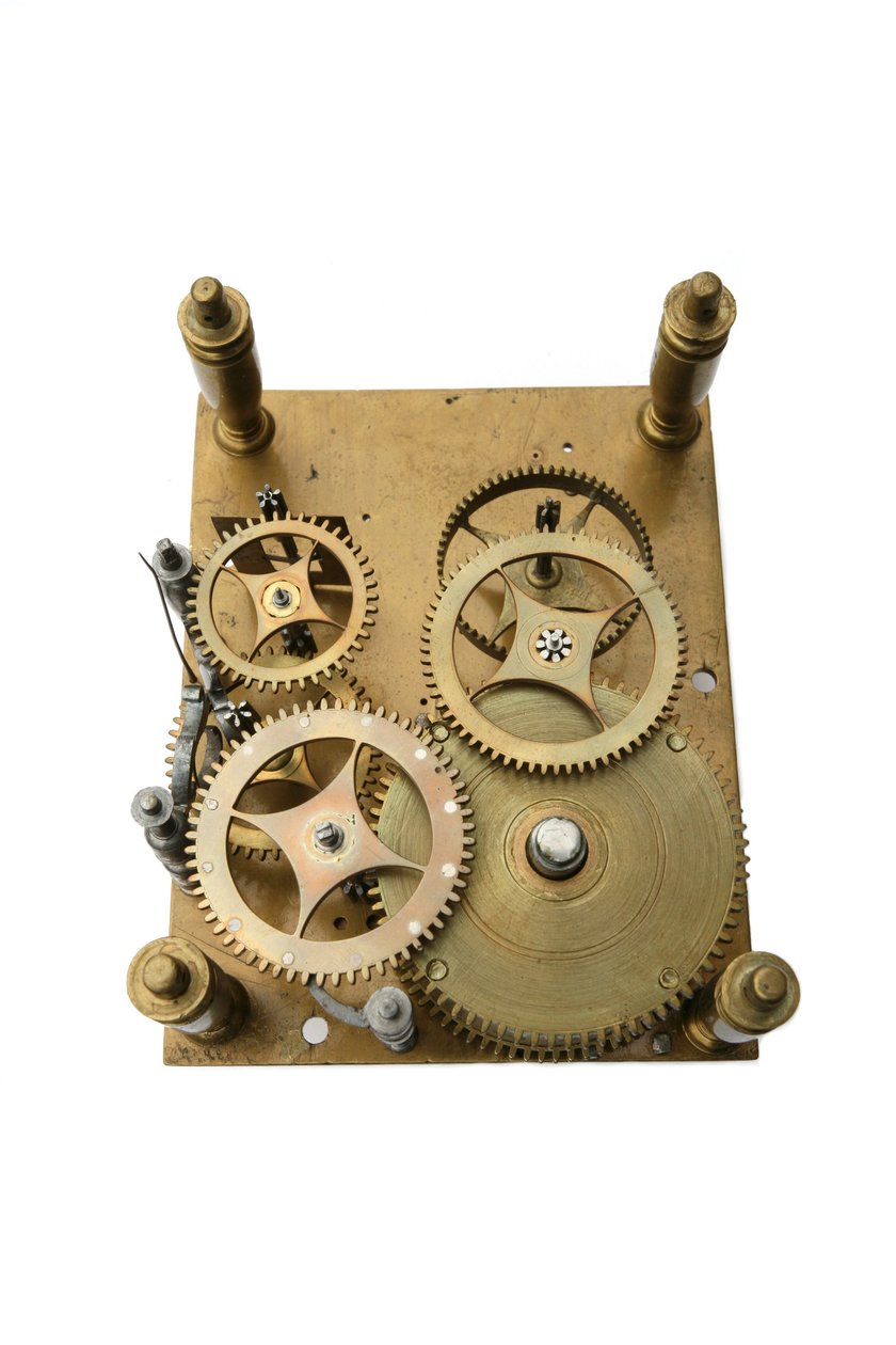 バックプレートを取り外した置き時計のムーブメント、1660年頃（真鍮） 作： ピーター・ビスバッハ