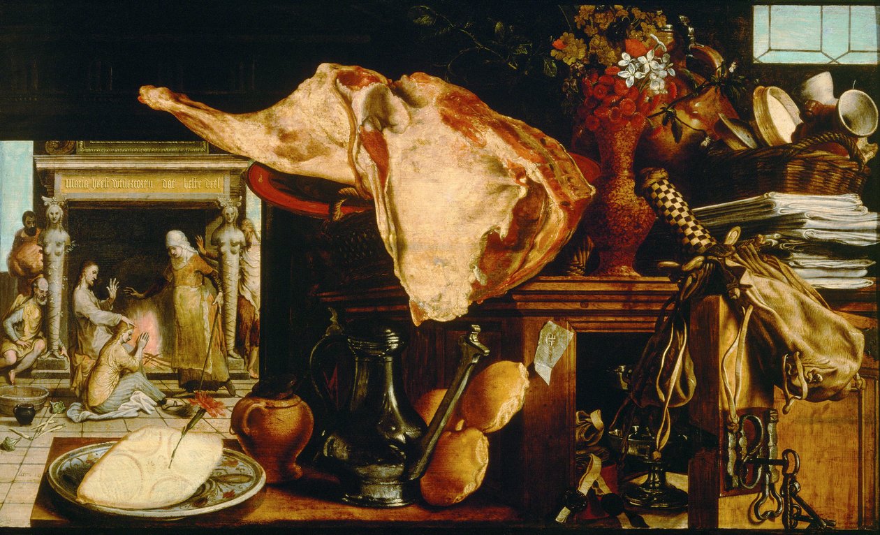 "Vanitas et Christ chez Marthe et Marie" (Vanity Still Life (Christ in the House of Martha and Mary) Peinture de Pieter Aertsen (1508-1575) - 1552 - 木に油彩 Dim 61,5x101 cm Art History Museum, Vienne 作： ピーター・アルトセン