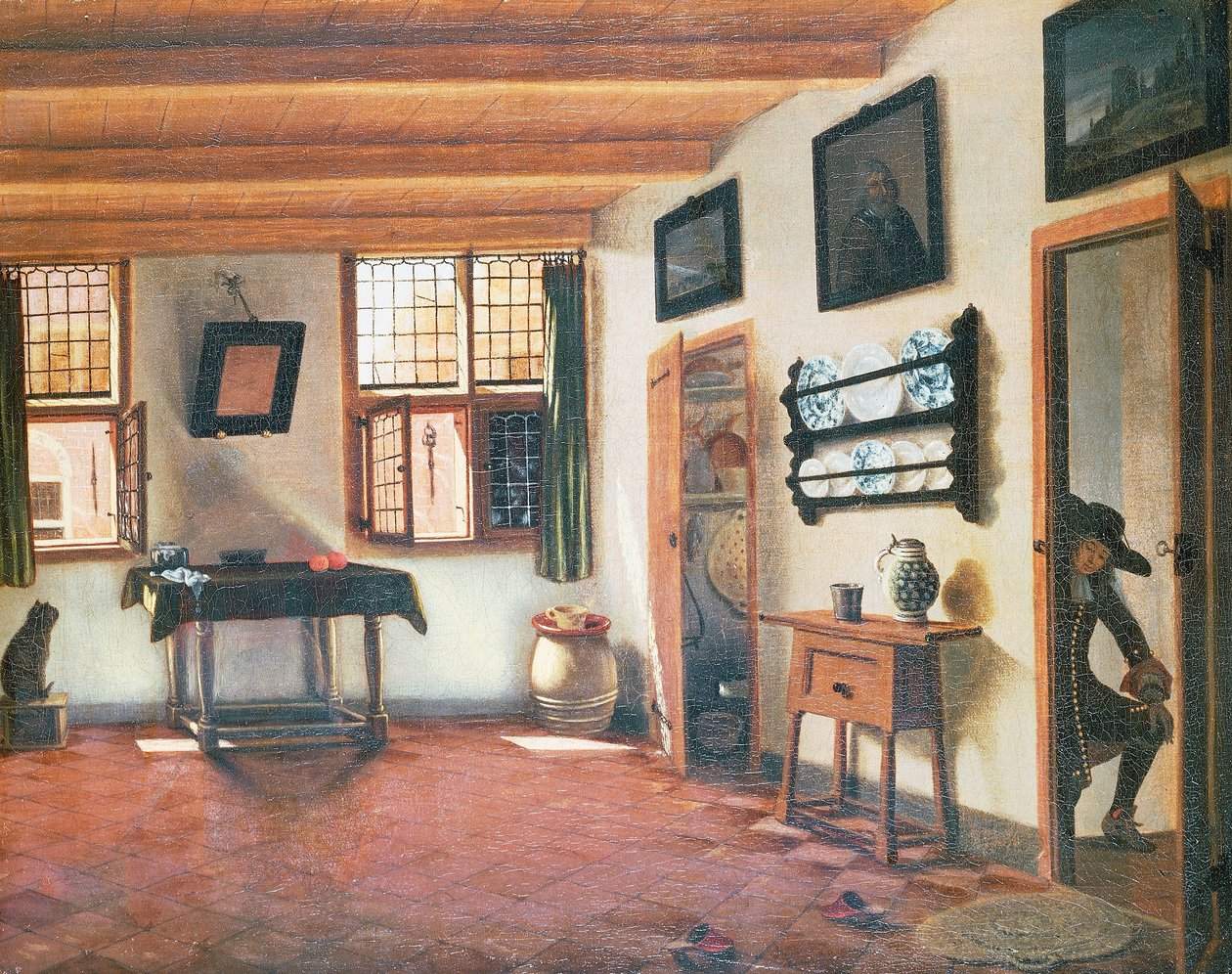 オランダの家の内部 1670年頃 ピーテル・ヤンセン・エリンガ（1623-1683）の絵 48x60cm 作： ピーター・ヤンセン