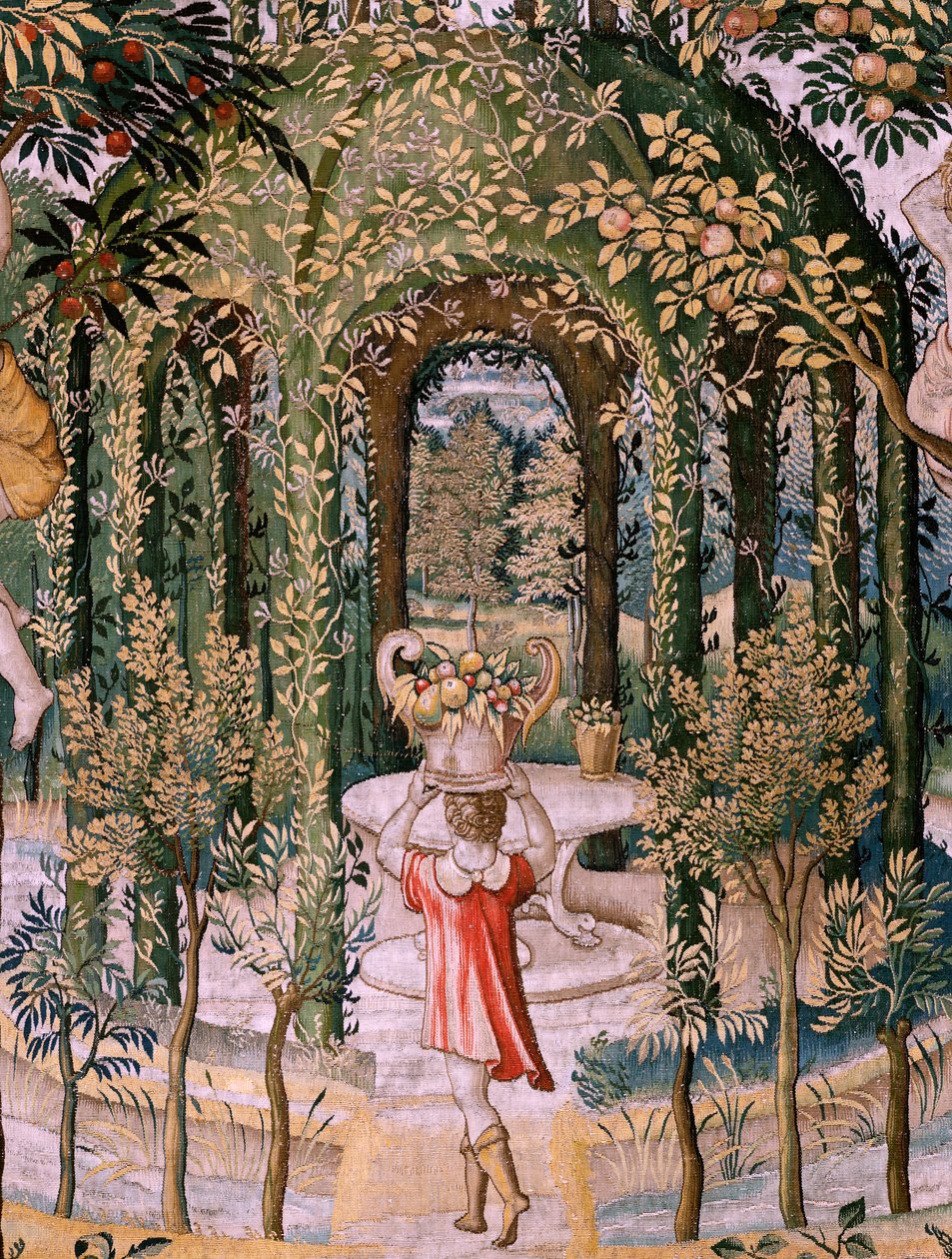 フランダースのタペストリー。 シリーズ Vertumnus と Pomona; 庭師に変身したVertumnus (Vertumno transformado en jardinero)。 シリーズ5作目のタペストリー。 Pieter Coecke Van Aelst と Léonard Thiry のモデル サークル。 マニュファクチュール不明のワークショップ、ブリュッセル、前 作： ピーテル（円）クックヴァンアエルスト