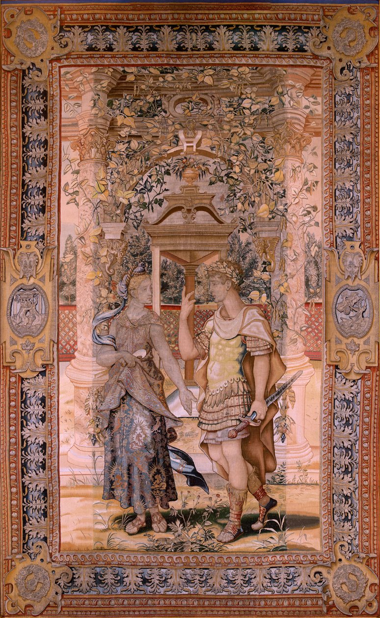 Flämischer Wandteppich. Serie Vertumnus und Pomona. Vertumnus verwandelt sich in einen Krieger. Vierter Wandteppich in der Serie. Modell Kreis von Pieter Coecke van Aelst. Herstellung Wilhelm Pannemaker, Brüssel. Ca 1545-1550. Stoff Gold, Silber, Seide und von Pieter (circle of) Coecke van Aelst