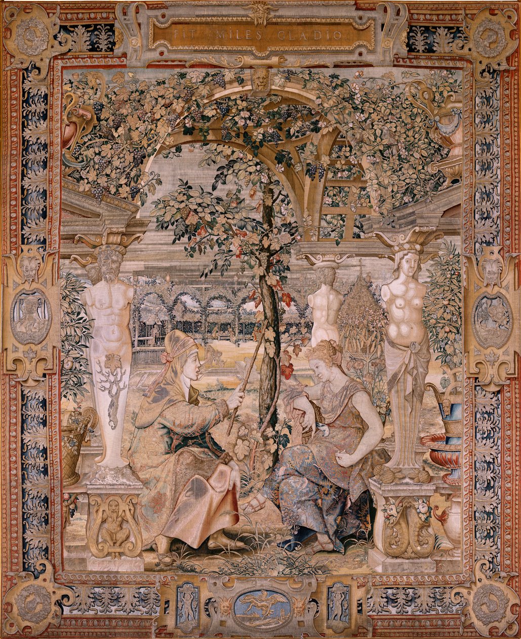 Flämischer Wandteppich. Serie Vertumnus und Pomona. Vertumnus verwandelt in eine alte Frau. Modell Kreis von Pieter Coecke van Aelst. Ca. 1545-1550. von Pieter (circle of) Coecke van Aelst