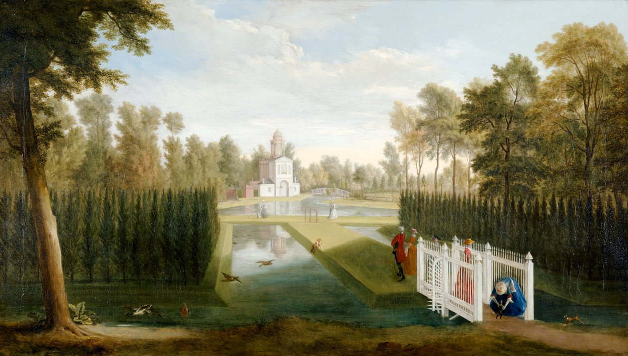 Bagnio (Cascina) Chiswick House の後方にある Chiswick Gardens の眺め (キャンバスに油彩) 作： ピーター・アンドレアス・リスブラック