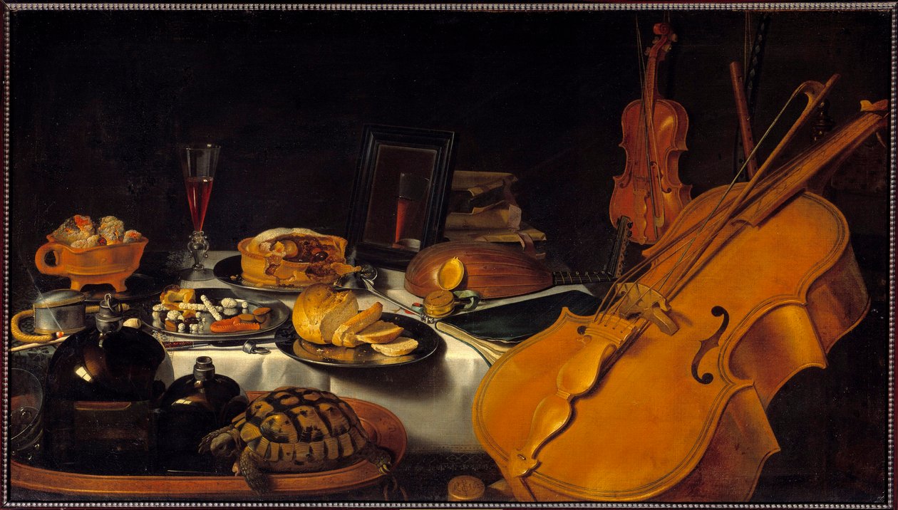 楽器のある静物画 カメ、パイ、ワイングラス、パン。ピーテル・クラーツ（1597-1661）の絵（ec.holl.）1623年日。0,69x1,22 m 作： ピーター・クレエス