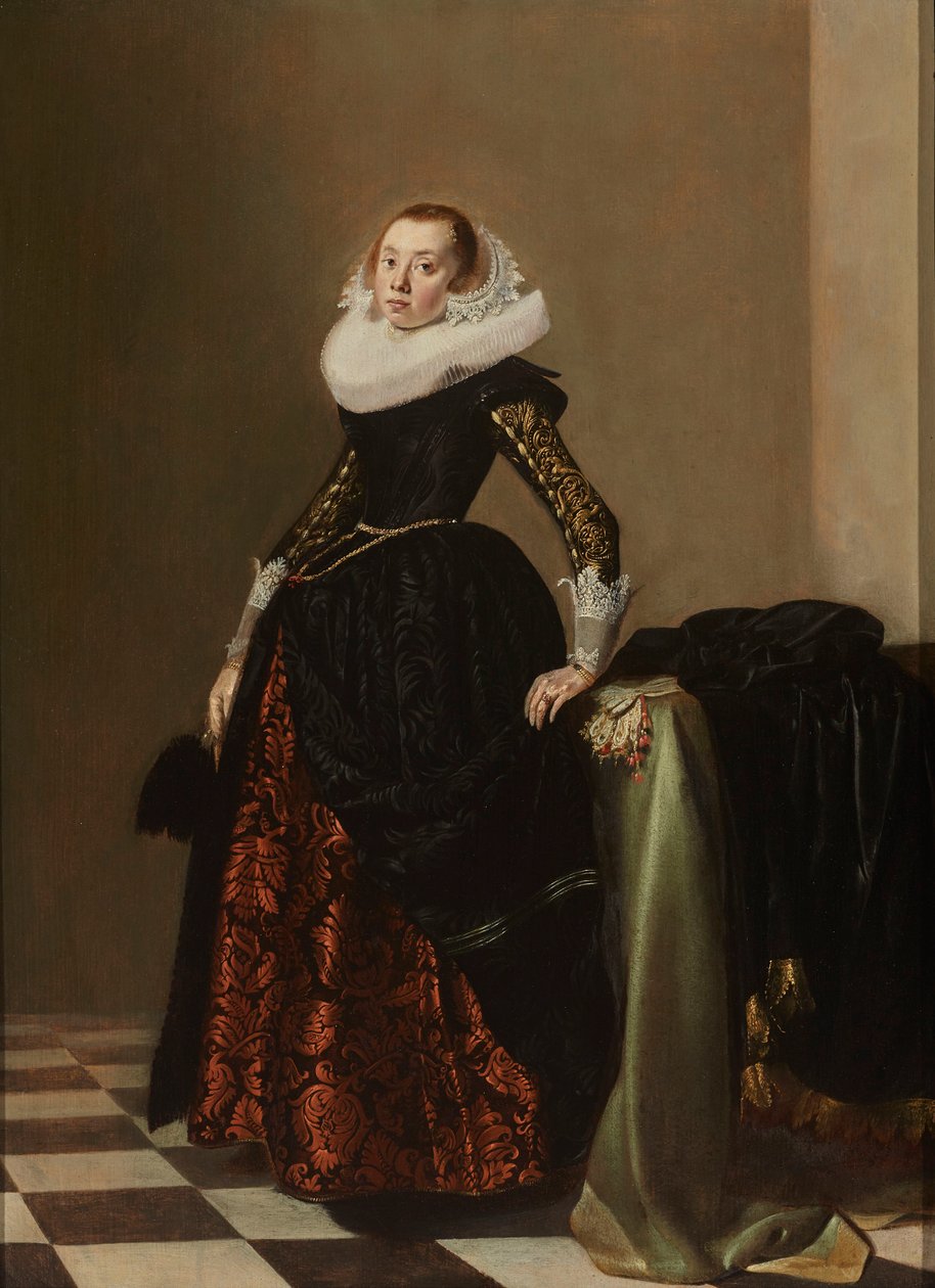 豪華な服装をした若い女性の肖像、1630年頃（パネルに油彩） 作： ピーター・コッデ